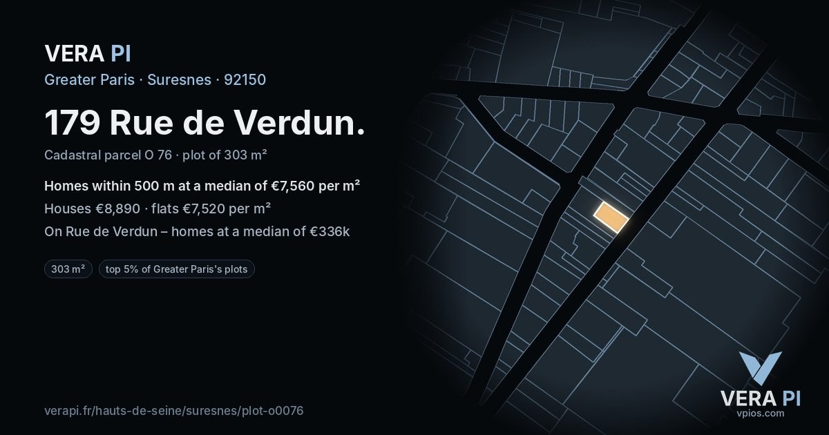 179 Rue de Verdun, Suresnes at night – the plot lit, the parcels around coloured by the prices near them
