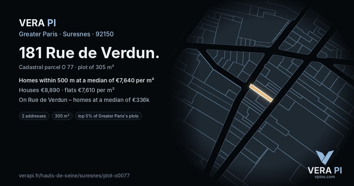 181 Rue de Verdun, Suresnes at night – the plot lit, the parcels around coloured by the prices near them