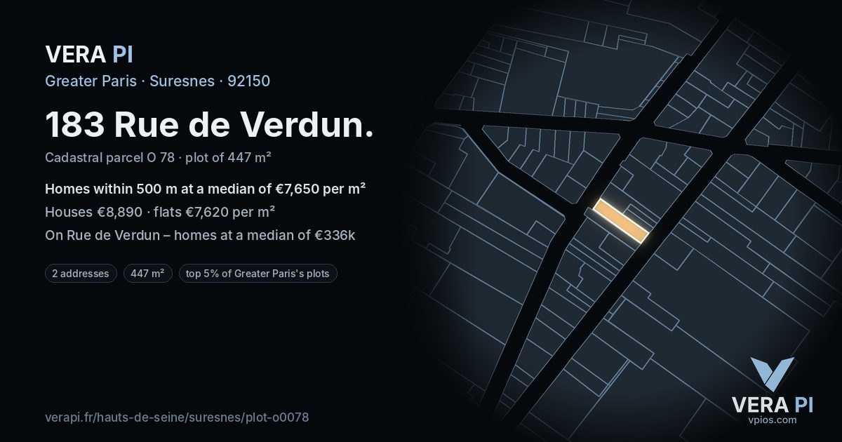 183 Rue de Verdun, Suresnes at night – the plot lit, the parcels around coloured by the prices near them