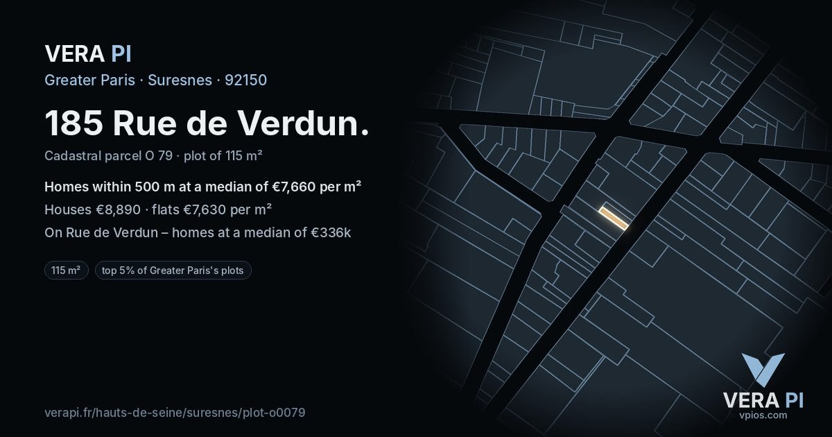 185 Rue de Verdun, Suresnes at night – the plot lit, the parcels around coloured by the prices near them