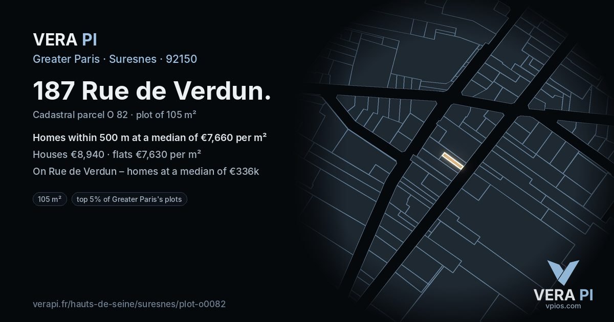187 Rue de Verdun, Suresnes at night – the plot lit, the parcels around coloured by the prices near them