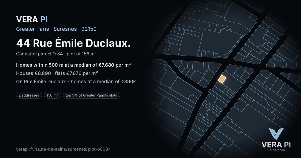 44 Rue Émile Duclaux, Suresnes at night – the plot lit, the parcels around coloured by the prices near them