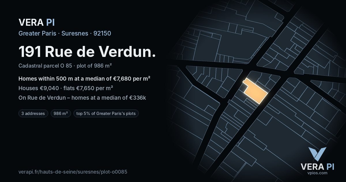 191 Rue de Verdun, Suresnes at night – the plot lit, the parcels around coloured by the prices near them
