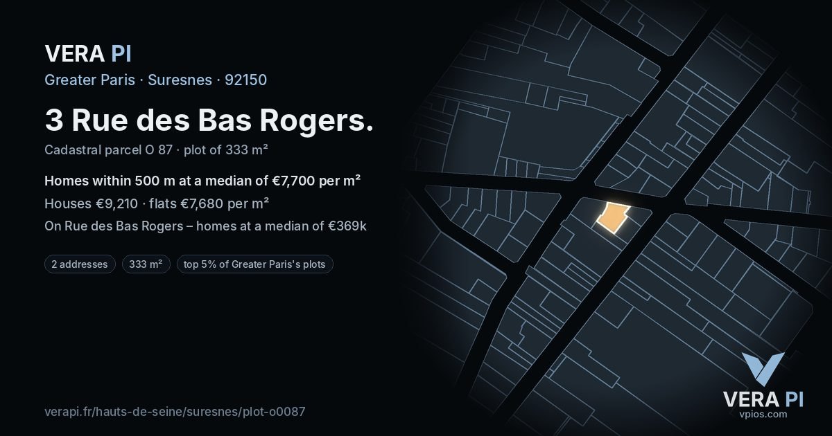 3 Rue des Bas Rogers, Suresnes at night – the plot lit, the parcels around coloured by the prices near them