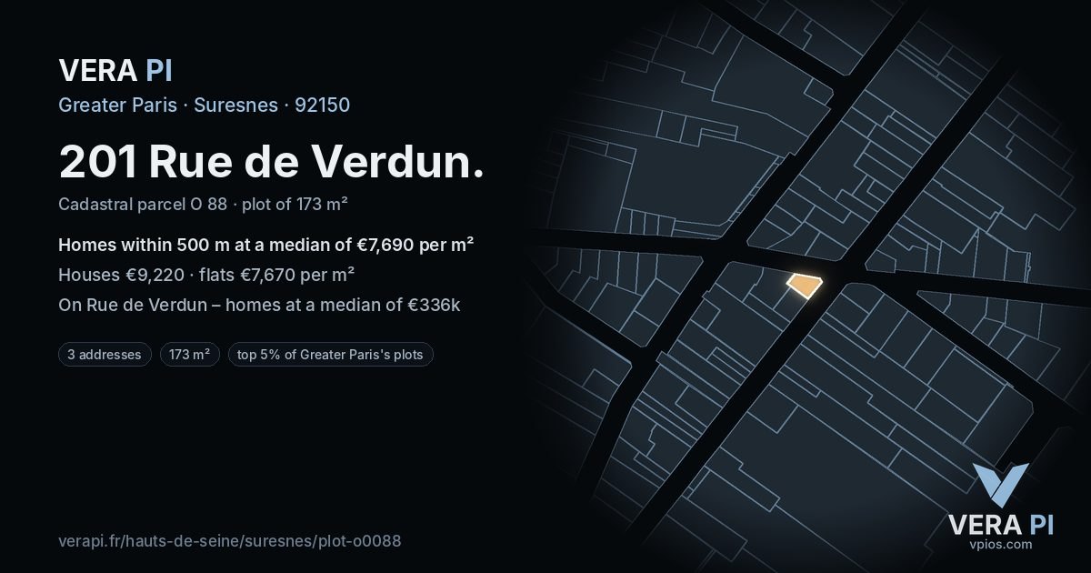 201 Rue de Verdun, Suresnes at night – the plot lit, the parcels around coloured by the prices near them