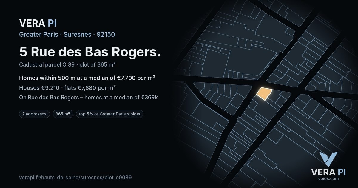 5 Rue des Bas Rogers, Suresnes at night – the plot lit, the parcels around coloured by the prices near them