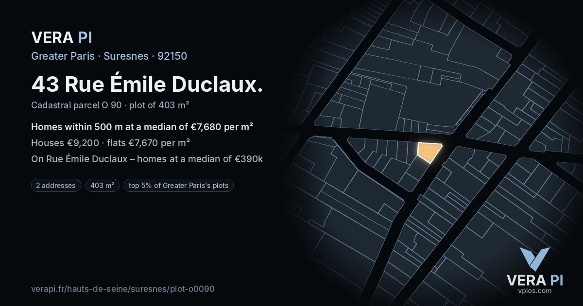 43 Rue Émile Duclaux, Suresnes at night – the plot lit, the parcels around coloured by the prices near them