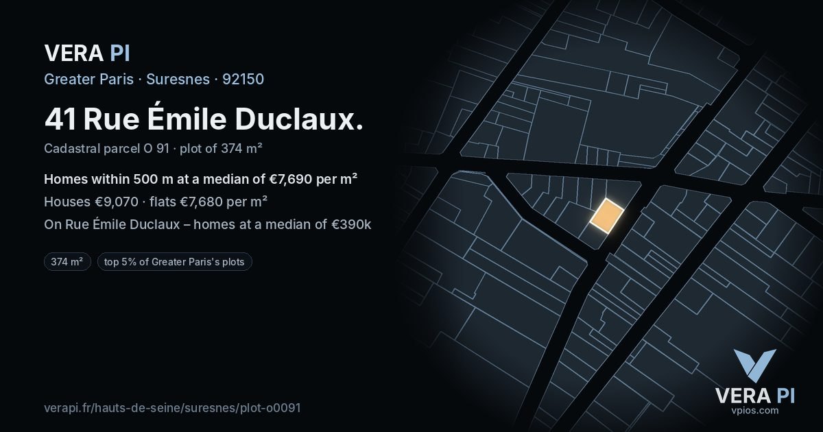 41 Rue Émile Duclaux, Suresnes at night – the plot lit, the parcels around coloured by the prices near them
