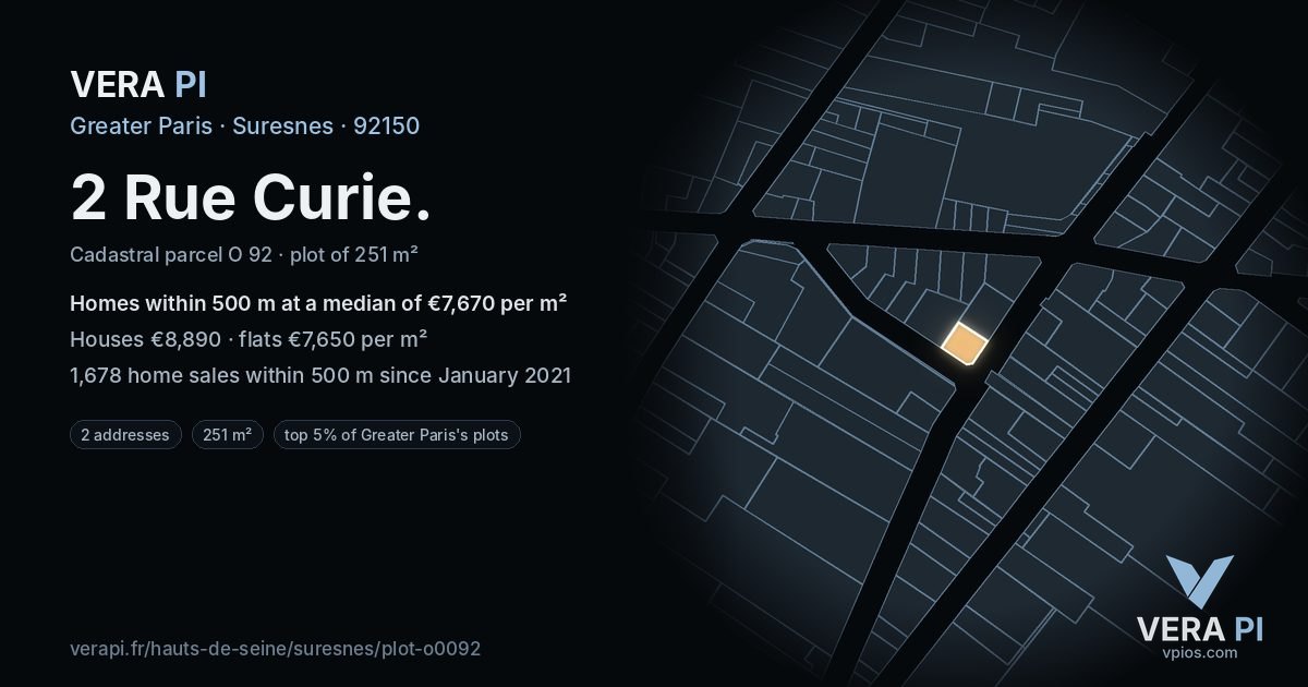 2 Rue Curie, Suresnes at night – the plot lit, the parcels around coloured by the prices near them