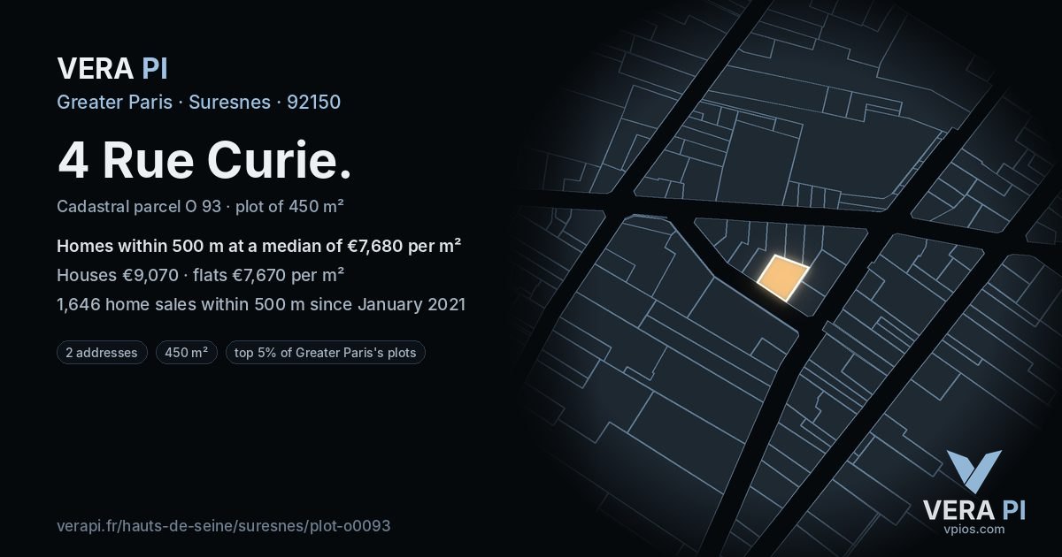 4 Rue Curie, Suresnes at night – the plot lit, the parcels around coloured by the prices near them