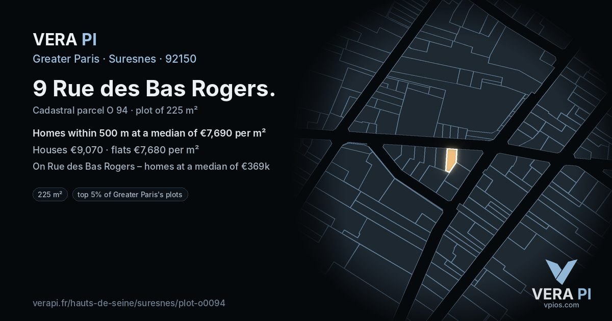 9 Rue des Bas Rogers, Suresnes at night – the plot lit, the parcels around coloured by the prices near them