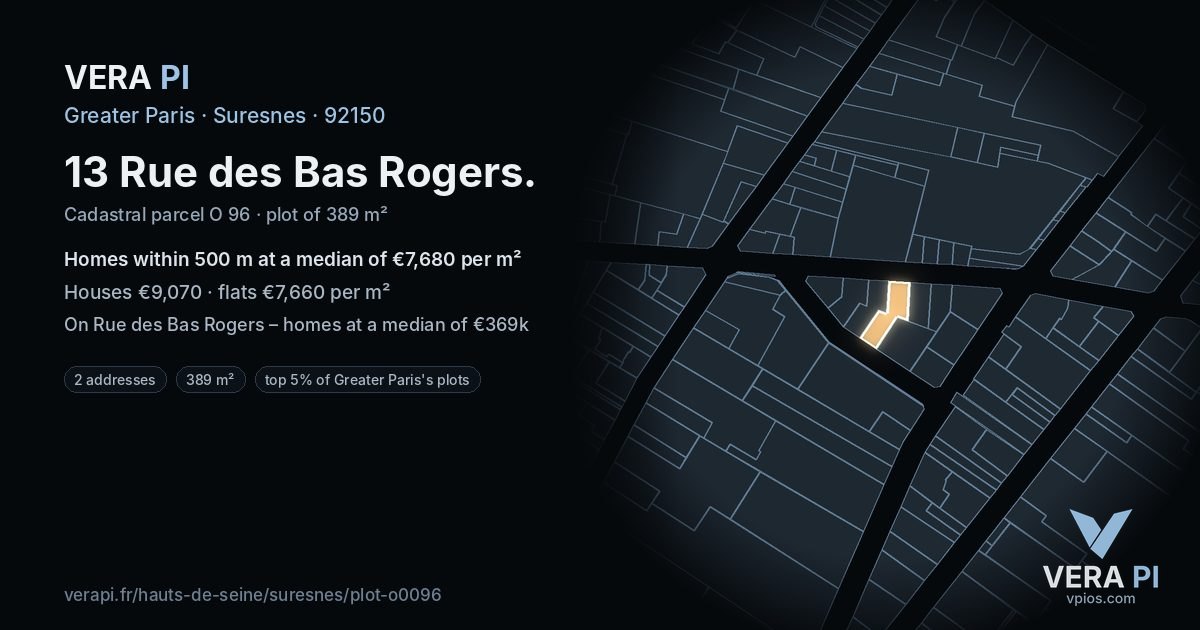 13 Rue des Bas Rogers, Suresnes at night – the plot lit, the parcels around coloured by the prices near them