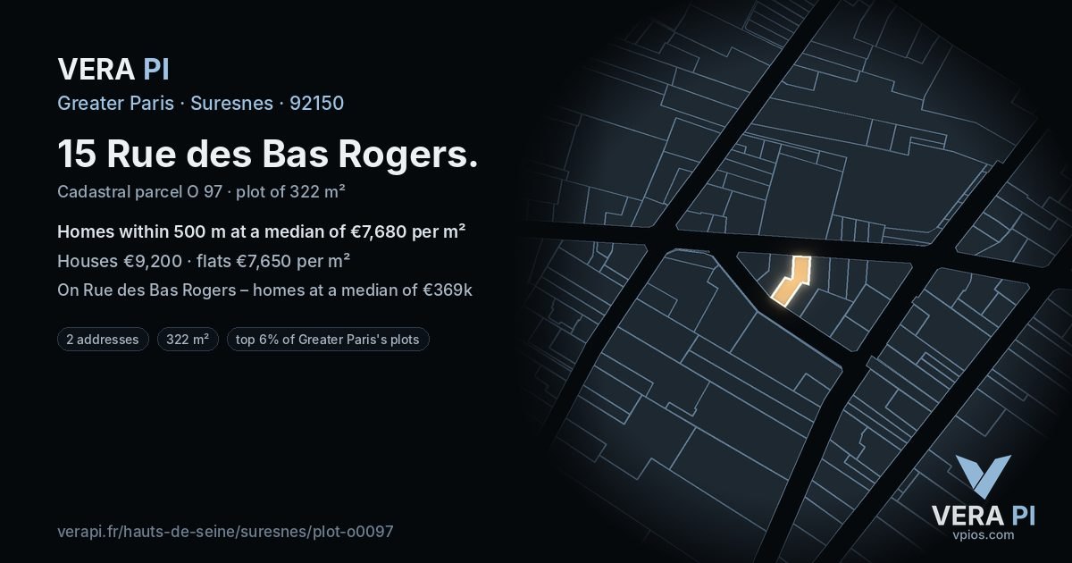 15 Rue des Bas Rogers, Suresnes at night – the plot lit, the parcels around coloured by the prices near them