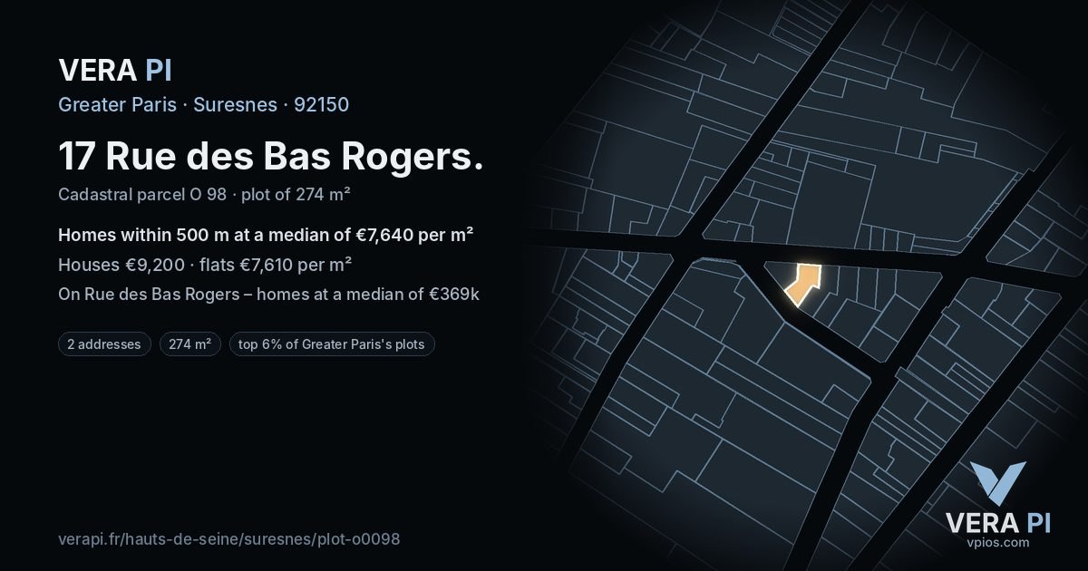 17 Rue des Bas Rogers, Suresnes at night – the plot lit, the parcels around coloured by the prices near them
