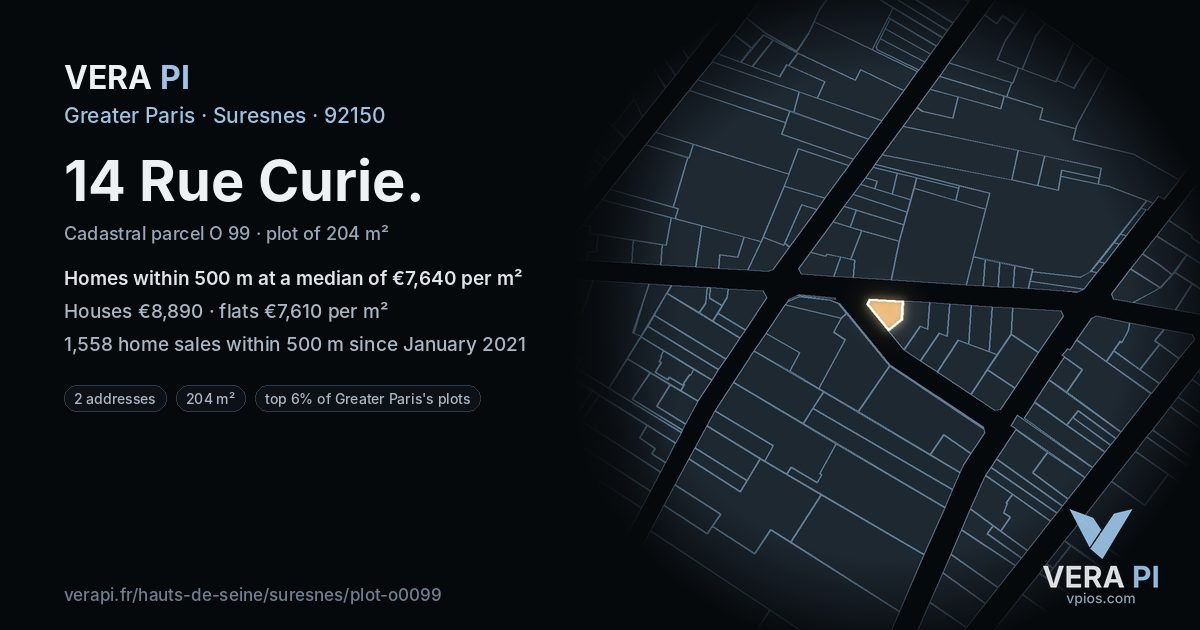 14 Rue Curie, Suresnes at night – the plot lit, the parcels around coloured by the prices near them