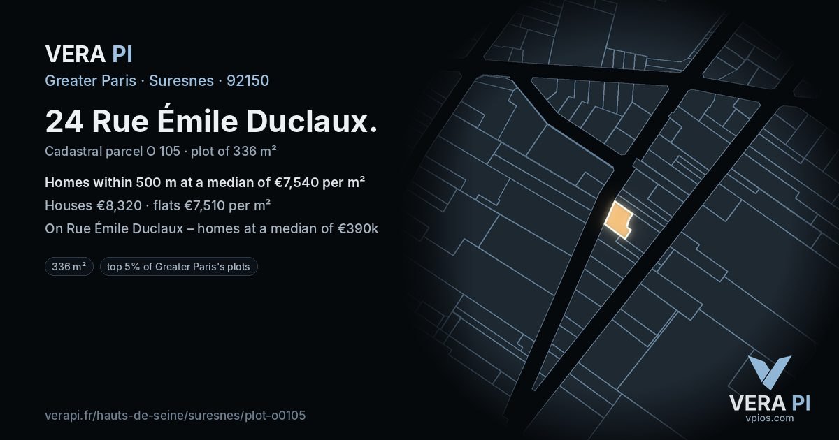 24 Rue Émile Duclaux, Suresnes at night – the plot lit, the parcels around coloured by the prices near them