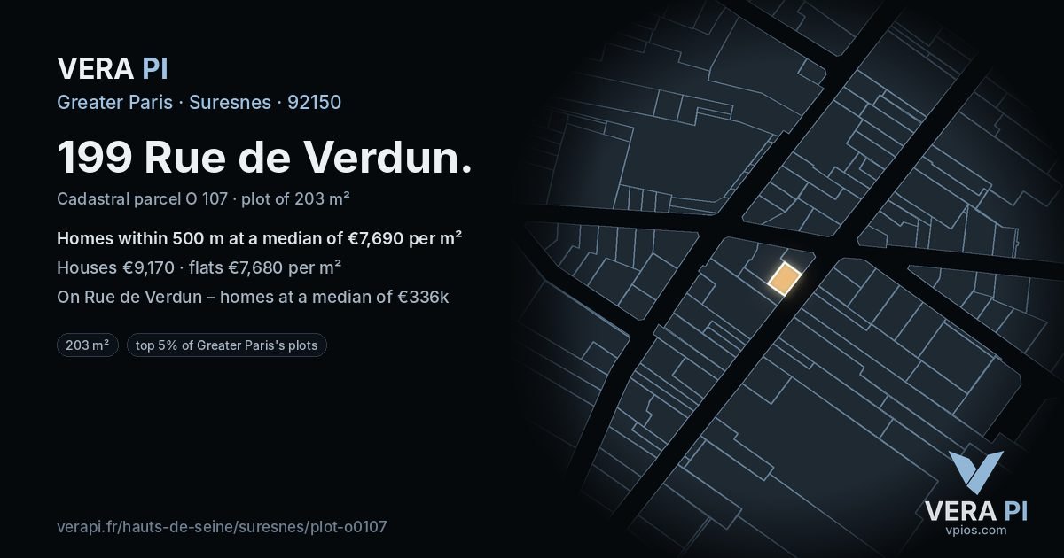 199 Rue de Verdun, Suresnes at night – the plot lit, the parcels around coloured by the prices near them