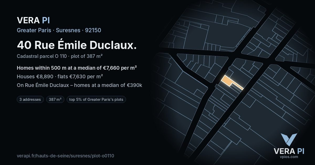 40 Rue Émile Duclaux, Suresnes at night – the plot lit, the parcels around coloured by the prices near them