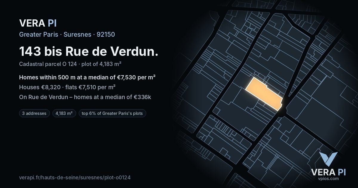143 bis Rue de Verdun, Suresnes at night – the plot lit, the parcels around coloured by the prices near them