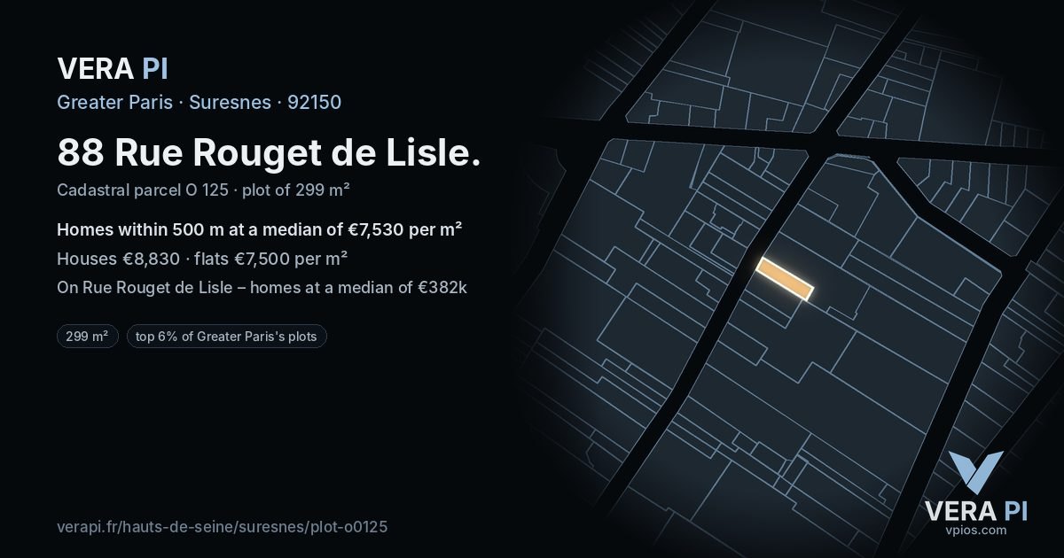88 Rue Rouget de Lisle, Suresnes at night – the plot lit, the parcels around coloured by the prices near them