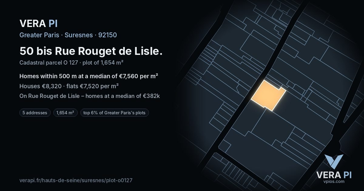 50 bis Rue Rouget de Lisle, Suresnes at night – the plot lit, the parcels around coloured by the prices near them