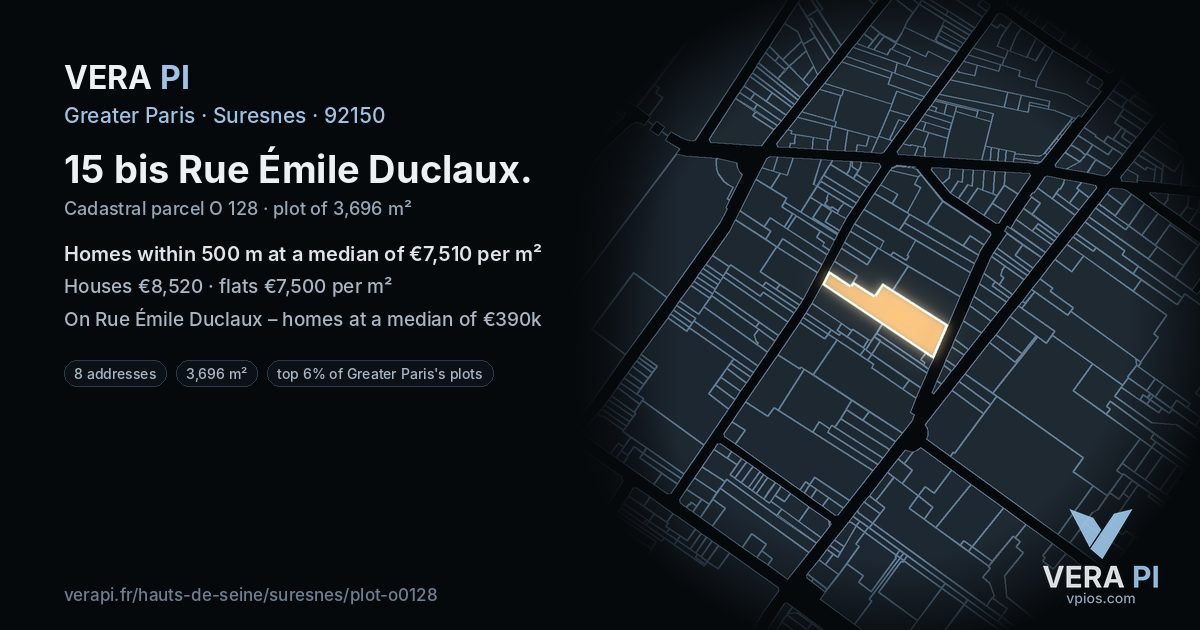 15 bis Rue Émile Duclaux, Suresnes at night – the plot lit, the parcels around coloured by the prices near them