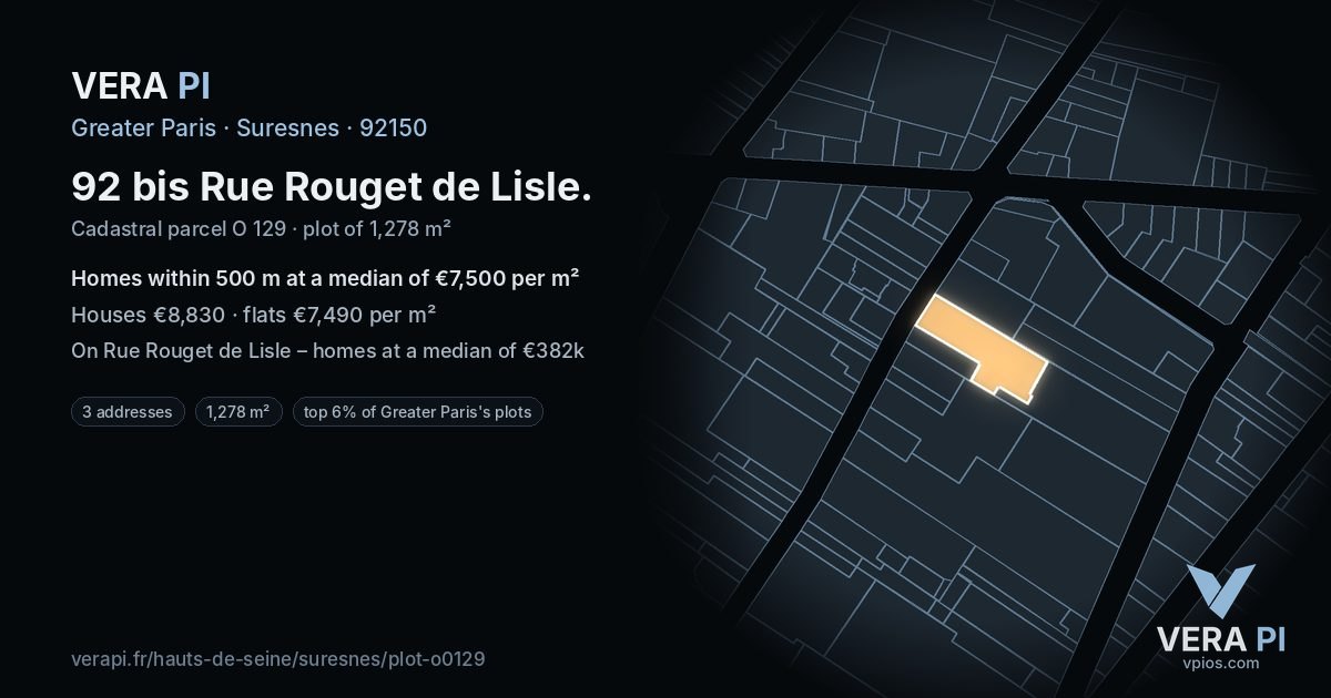 92 bis Rue Rouget de Lisle, Suresnes at night – the plot lit, the parcels around coloured by the prices near them