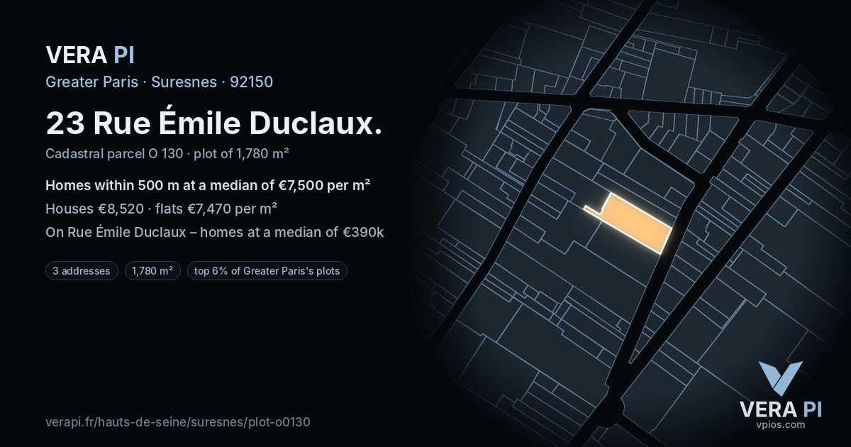 23 Rue Émile Duclaux, Suresnes at night – the plot lit, the parcels around coloured by the prices near them