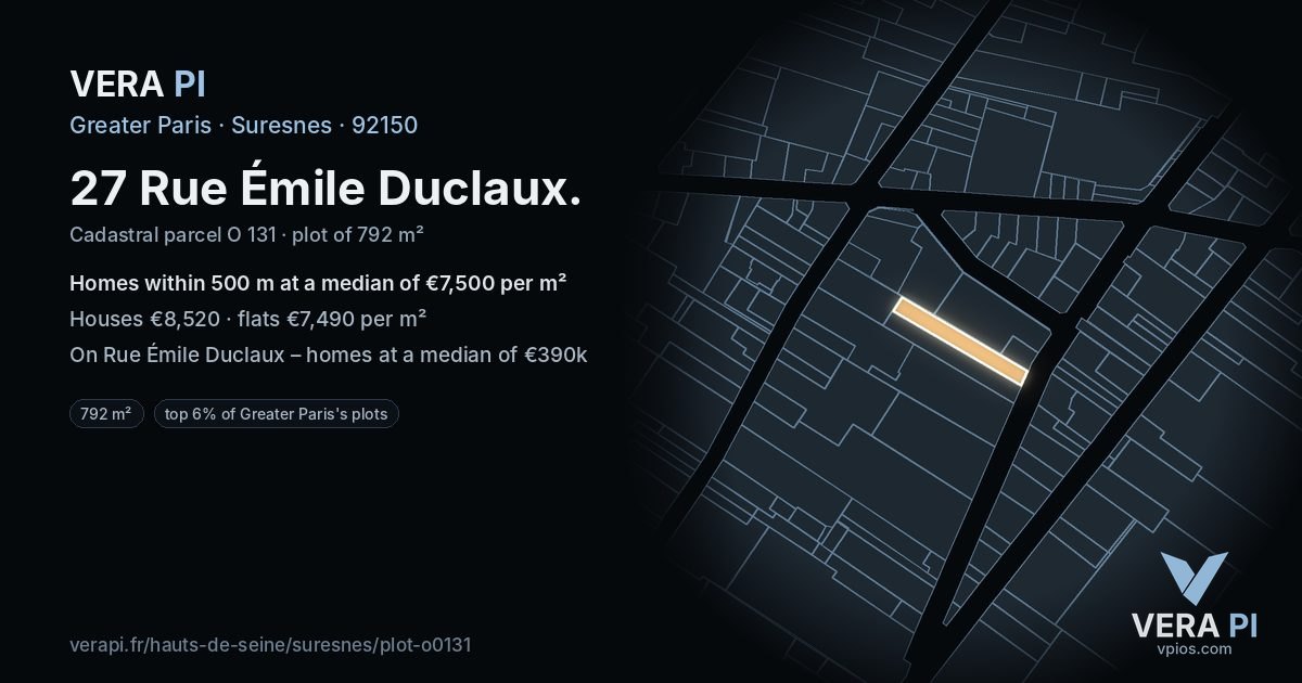 27 Rue Émile Duclaux, Suresnes at night – the plot lit, the parcels around coloured by the prices near them