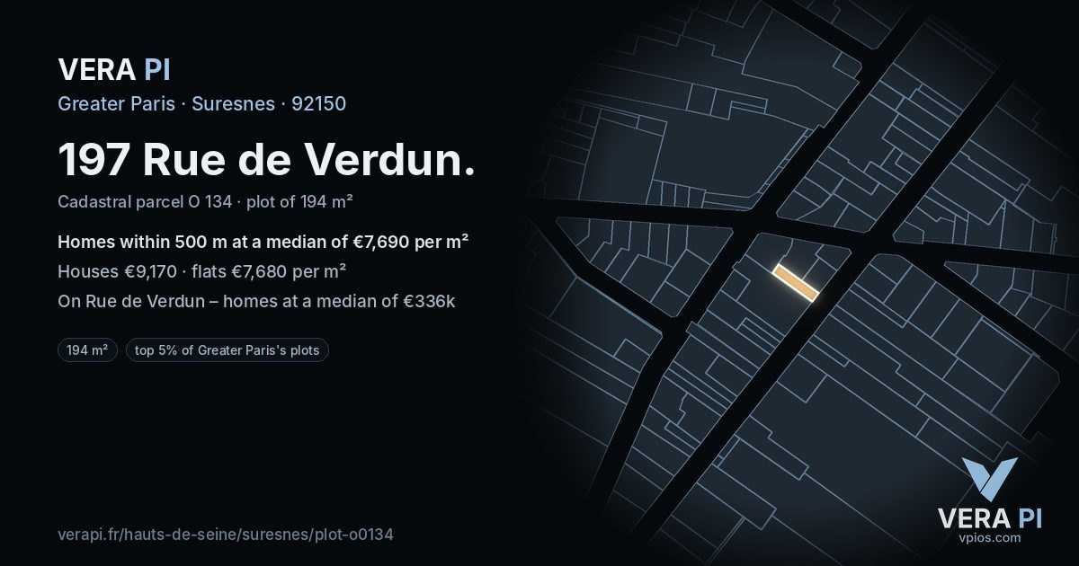 197 Rue de Verdun, Suresnes at night – the plot lit, the parcels around coloured by the prices near them