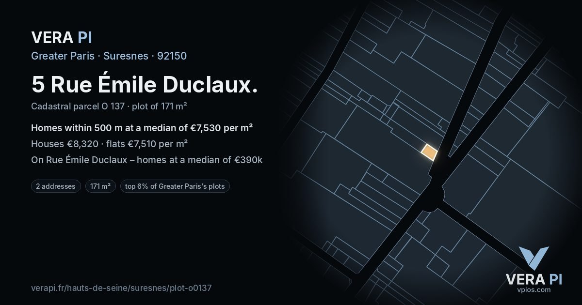 5 Rue Émile Duclaux, Suresnes at night – the plot lit, the parcels around coloured by the prices near them