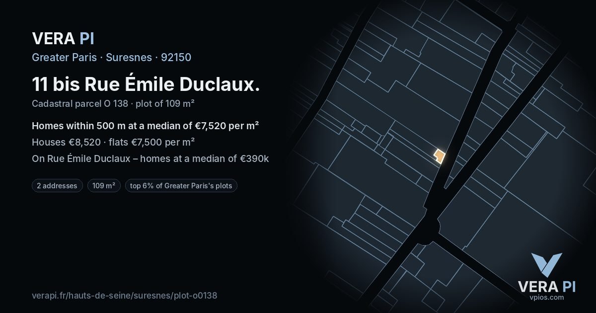11 bis Rue Émile Duclaux, Suresnes at night – the plot lit, the parcels around coloured by the prices near them