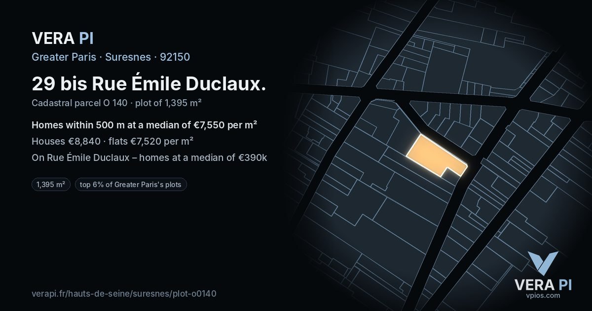29 bis Rue Émile Duclaux, Suresnes at night – the plot lit, the parcels around coloured by the prices near them