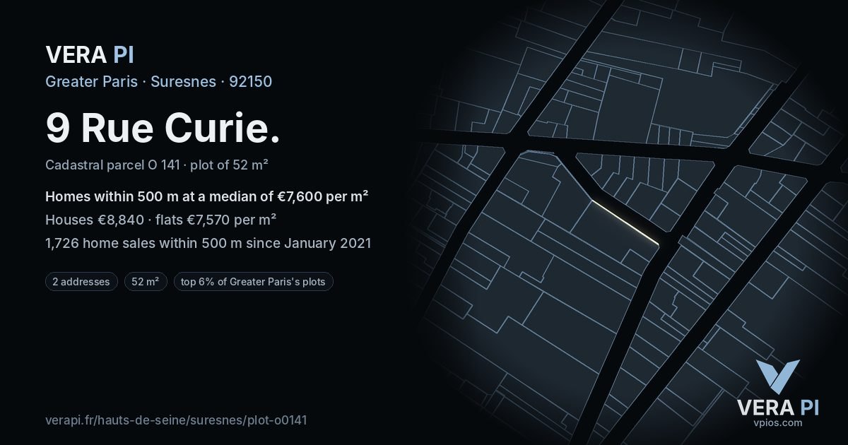 9 Rue Curie, Suresnes at night – the plot lit, the parcels around coloured by the prices near them
