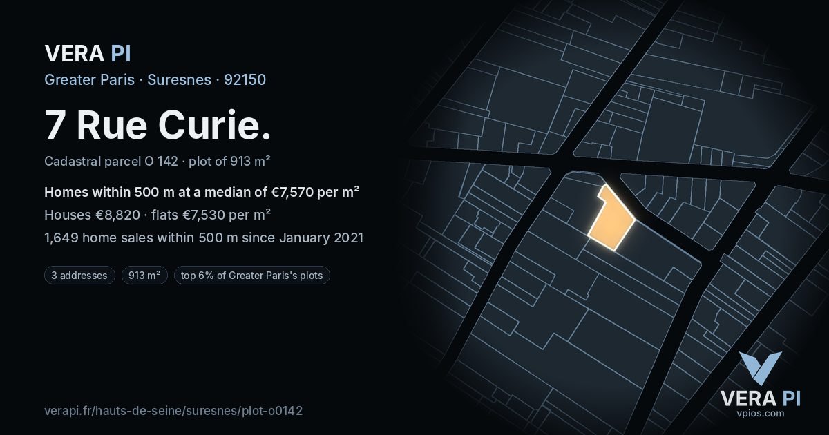 7 Rue Curie, Suresnes at night – the plot lit, the parcels around coloured by the prices near them