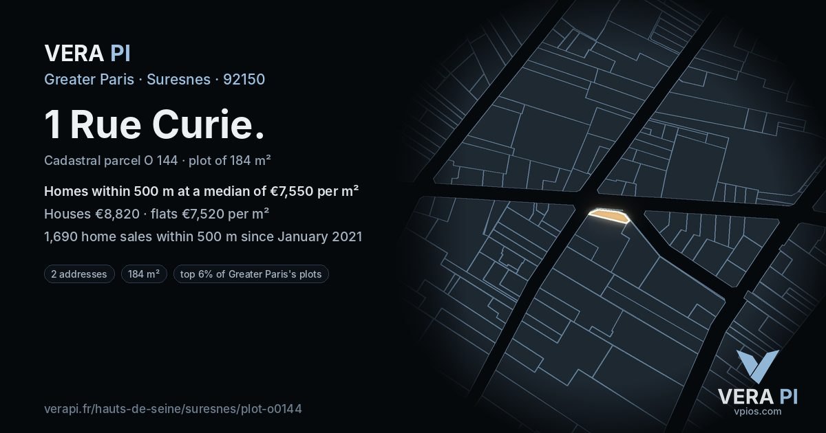 1 Rue Curie, Suresnes at night – the plot lit, the parcels around coloured by the prices near them