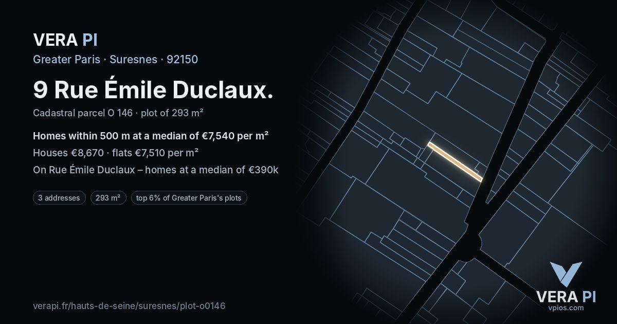 9 Rue Émile Duclaux, Suresnes at night – the plot lit, the parcels around coloured by the prices near them