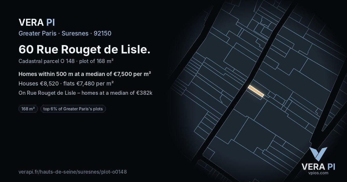 60 Rue Rouget de Lisle, Suresnes at night – the plot lit, the parcels around coloured by the prices near them