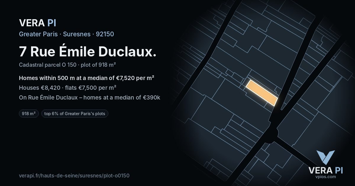 7 Rue Émile Duclaux, Suresnes at night – the plot lit, the parcels around coloured by the prices near them