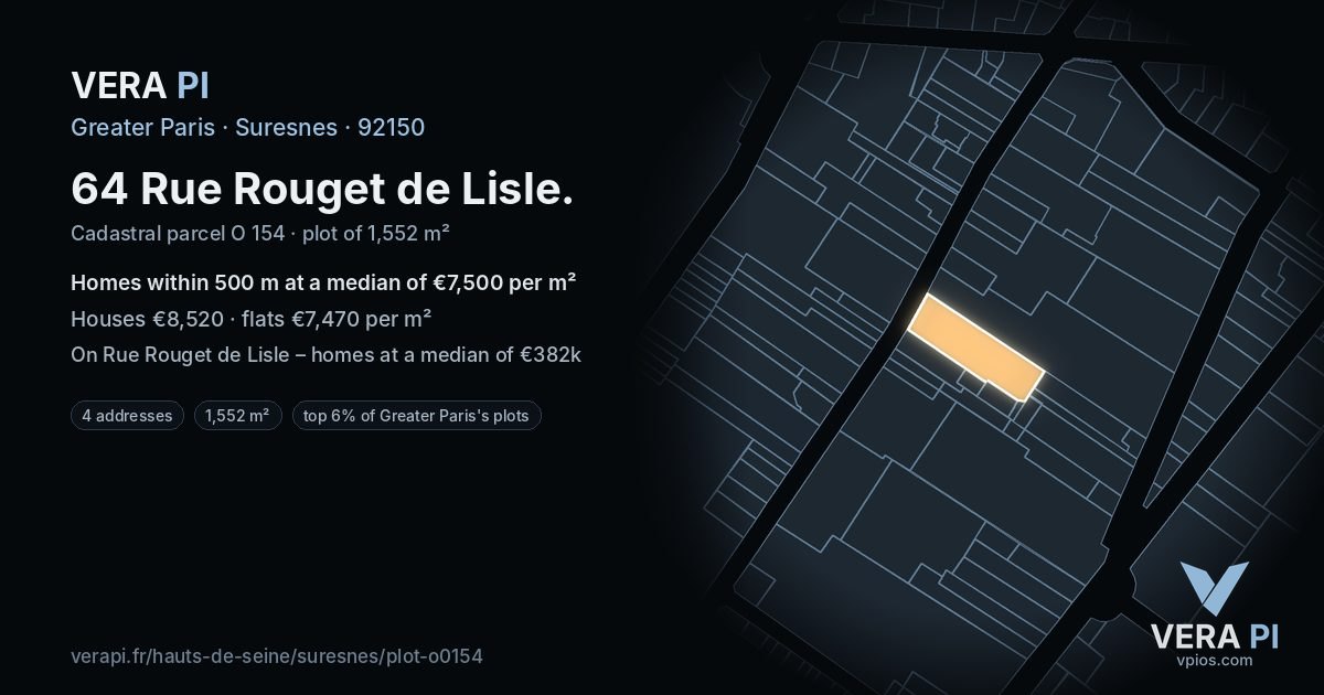 64 Rue Rouget de Lisle, Suresnes at night – the plot lit, the parcels around coloured by the prices near them