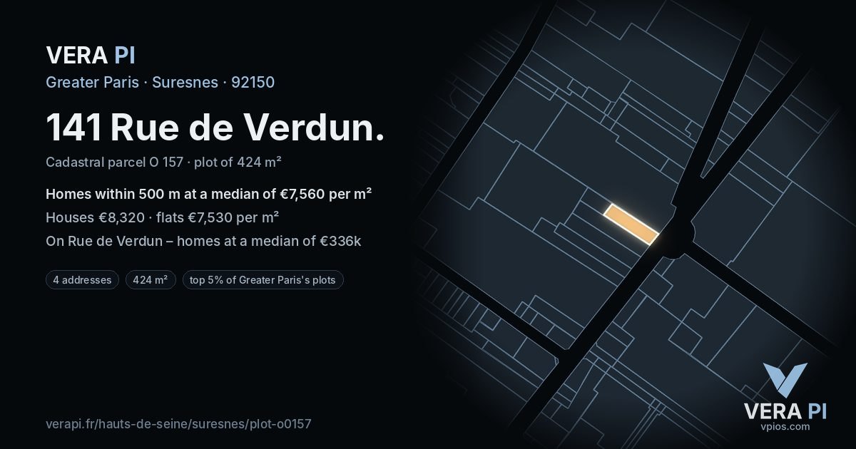 141 Rue de Verdun, Suresnes at night – the plot lit, the parcels around coloured by the prices near them