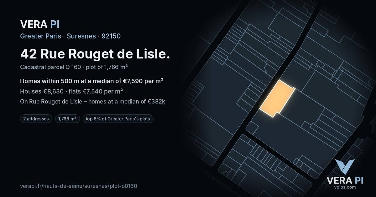 42 Rue Rouget de Lisle, Suresnes at night – the plot lit, the parcels around coloured by the prices near them