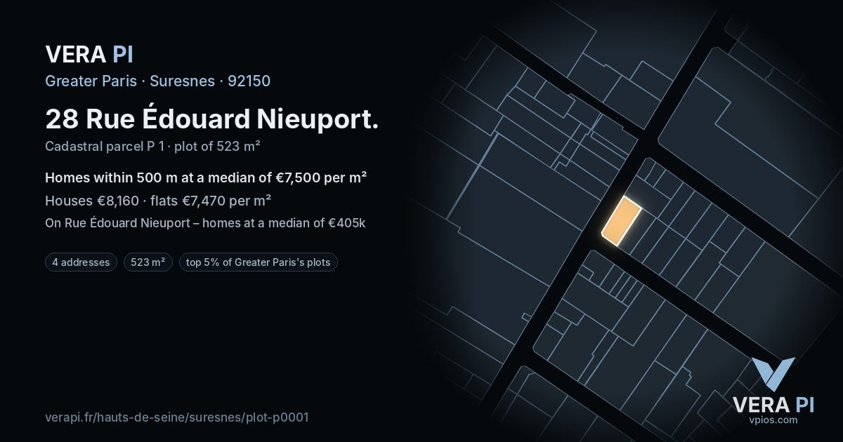 28 Rue Édouard Nieuport, Suresnes at night – the plot lit, the parcels around coloured by the prices near them