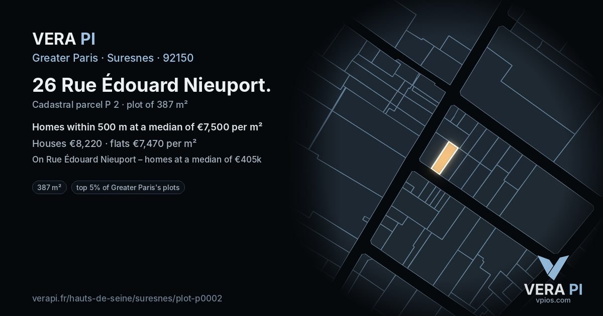 26 Rue Édouard Nieuport, Suresnes at night – the plot lit, the parcels around coloured by the prices near them