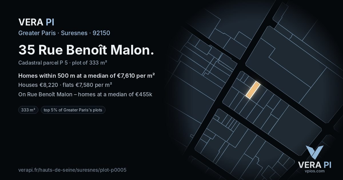 35 Rue Benoît Malon, Suresnes at night – the plot lit, the parcels around coloured by the prices near them