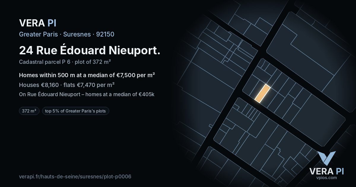 24 Rue Édouard Nieuport, Suresnes at night – the plot lit, the parcels around coloured by the prices near them