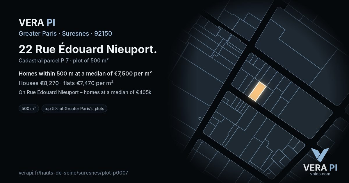 22 Rue Édouard Nieuport, Suresnes at night – the plot lit, the parcels around coloured by the prices near them
