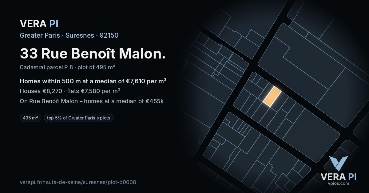 33 Rue Benoît Malon, Suresnes at night – the plot lit, the parcels around coloured by the prices near them