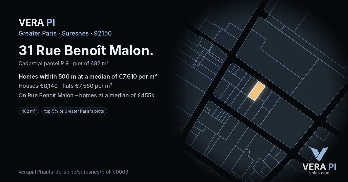 31 Rue Benoît Malon, Suresnes at night – the plot lit, the parcels around coloured by the prices near them