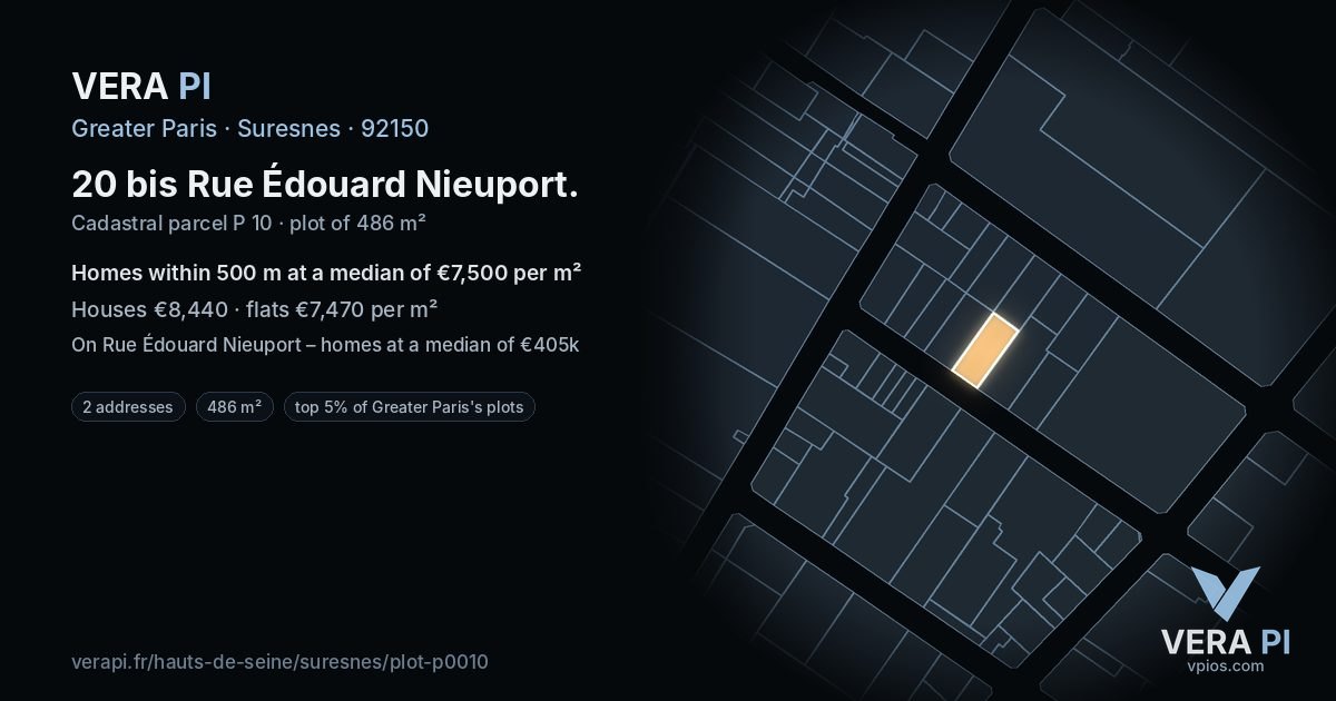 20 bis Rue Édouard Nieuport, Suresnes at night – the plot lit, the parcels around coloured by the prices near them